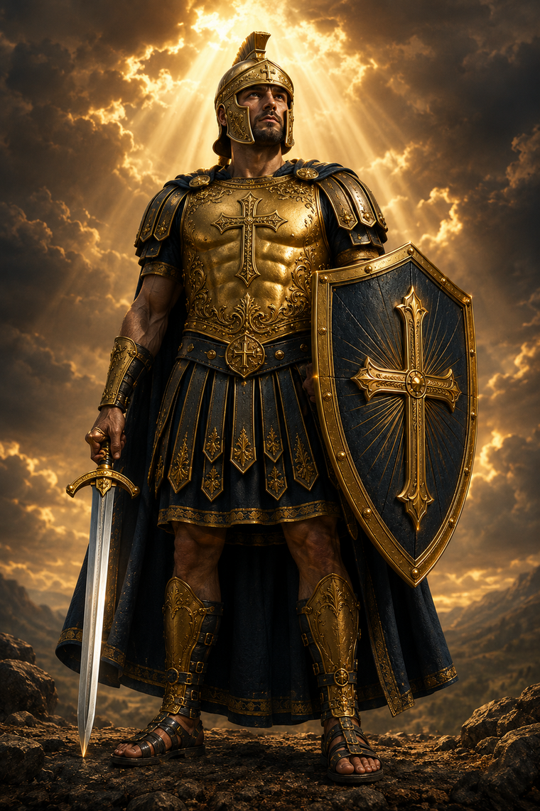 A figure clad in the full armor of God